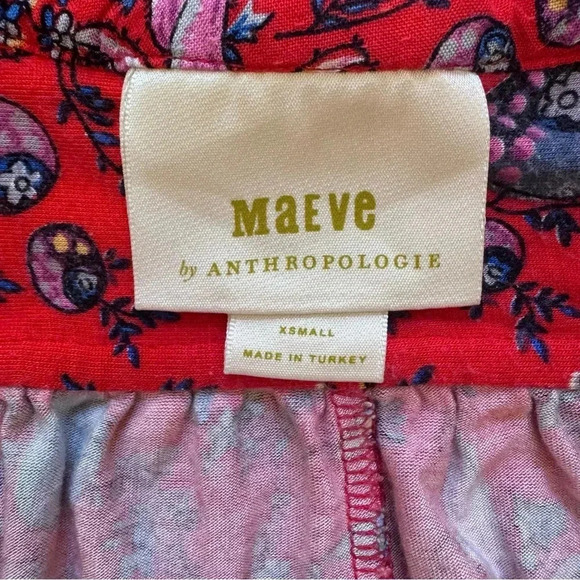 Maeve by Anthropology Boho Floral Red Blue T-Shirt Top Short Sleeve V-neck XS - Picture 9 of 13